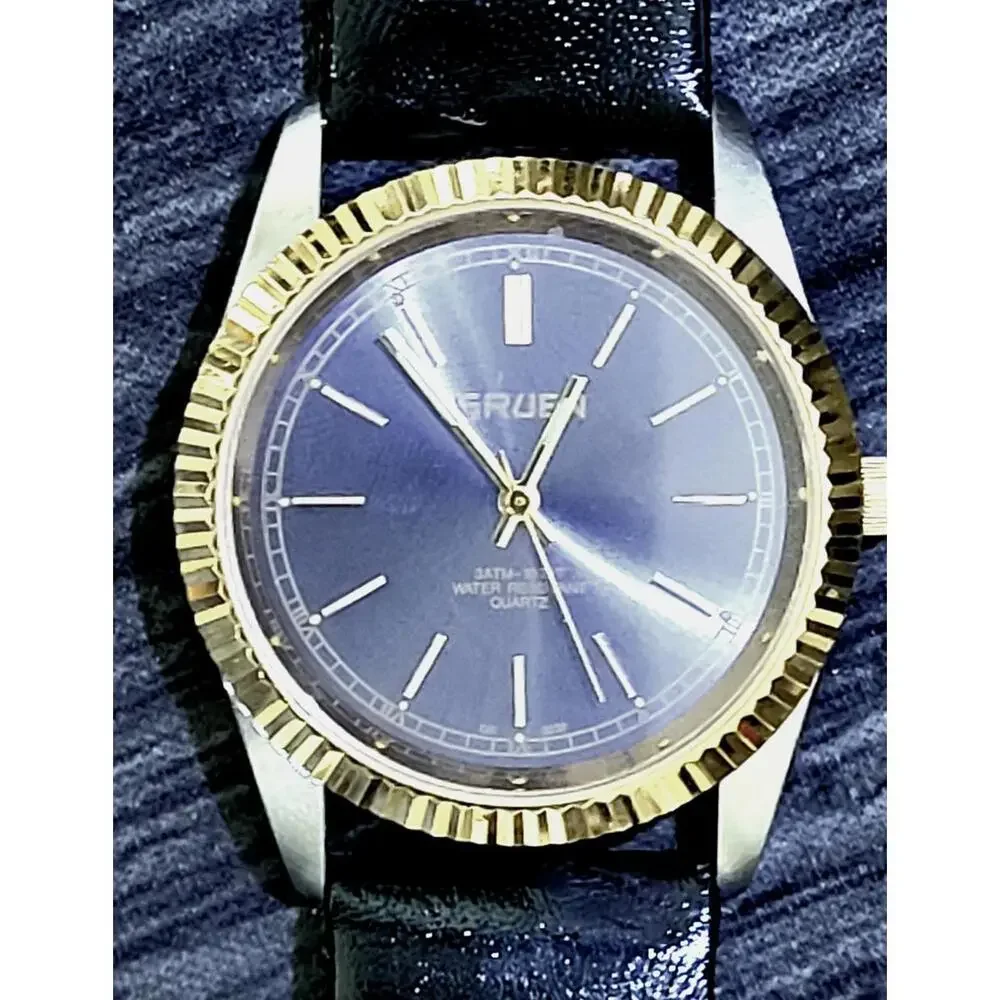 Rare Gruen 2 Tone Mens Dress Watch Satin Dial Fluted Bezel‎